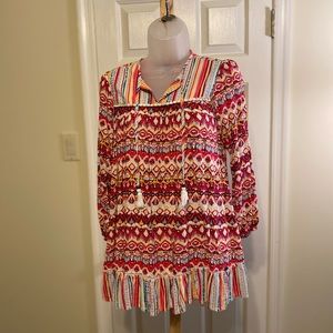 Mimo & Co. - Bohemian abstract pattern tunic with tassels, 3/4 sleeves, Size: S